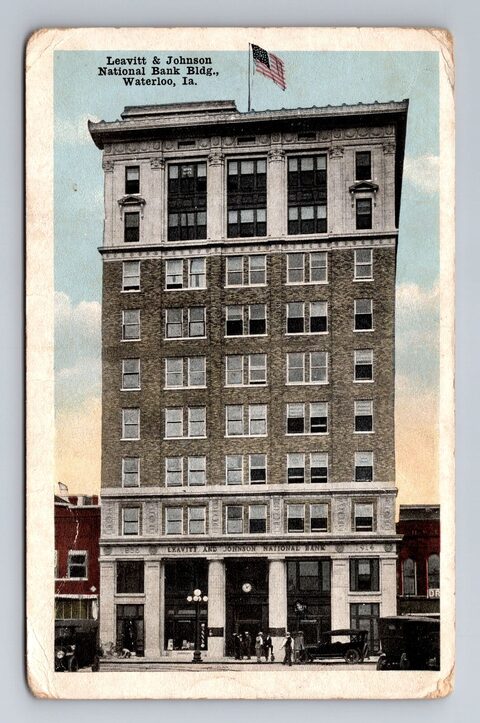 A vintage postcard of the Leavitt & Johnson National Bank building
