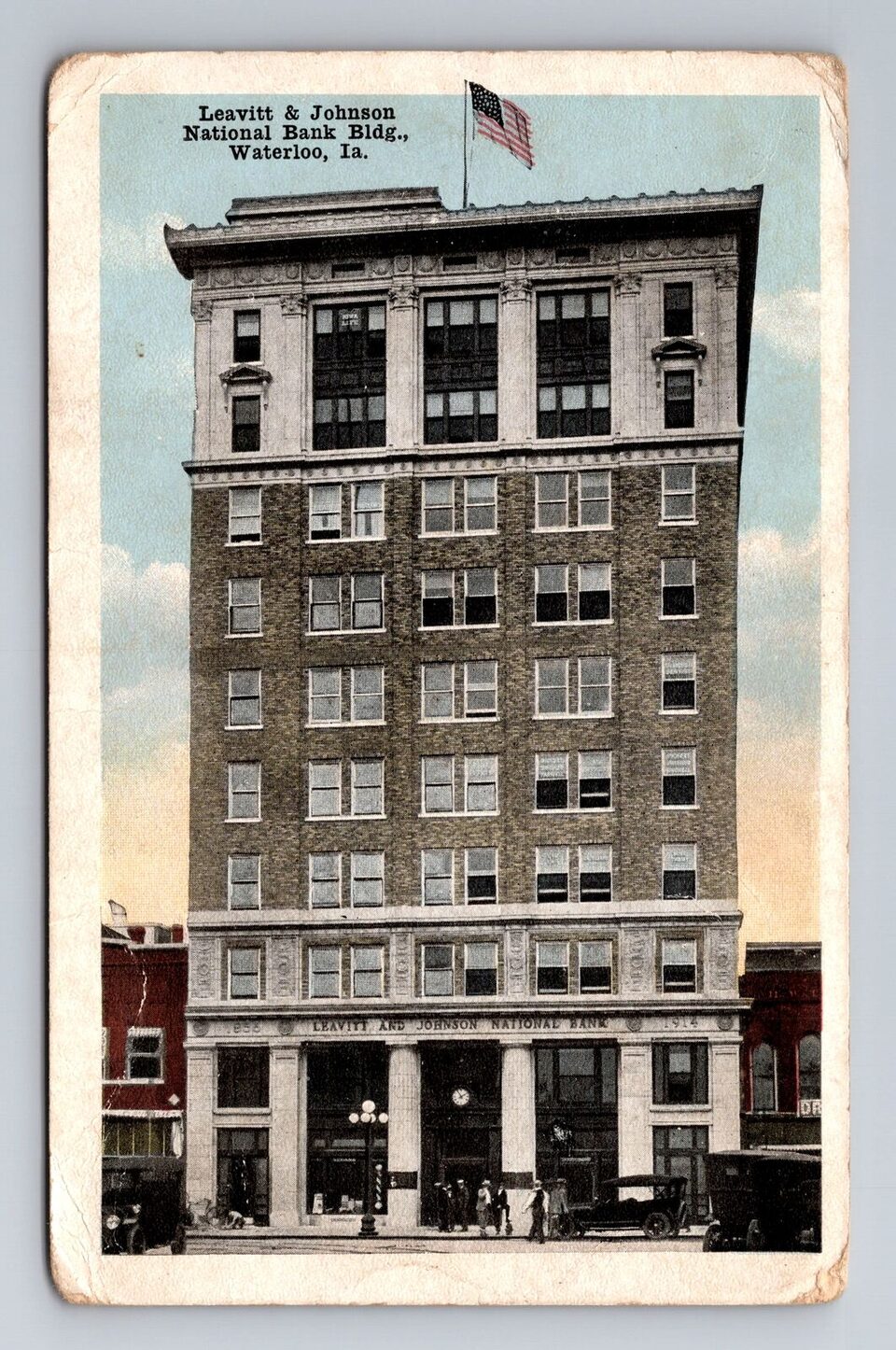 A vintage postcard of the Leavitt & Johnson National Bank building — today The Waterloo Building — in Waterloo, Iowa